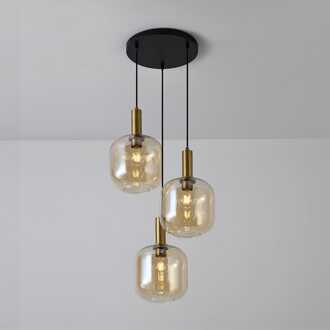 Hanglamp Xirena ambra III - E27-fitting - Drie bollen van amberkleurig glas - Speels effect - IP20 voor binnen Zwart / Messing