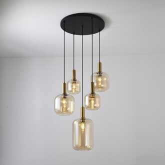 Hanglamp Xirena ambra V - E27-fitting - Vijf bollen van amberkleurig glas - Speels effect - IP20 voor binnen Zwart / Messing