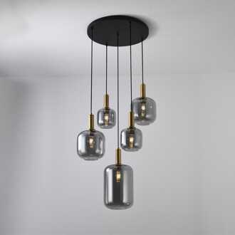 Hanglamp Xirena vetro fumé V - E27-fitting - Vijf bollen van rookglas - Speels effect - IP20 voor binnen Zwart / Messing