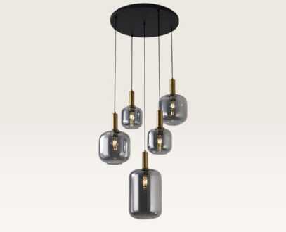 Hanglamp Xirena vetro fumé V - Vijf bollen van rookglas met een speels effect - Zonder lichtbron Zwart / Messing