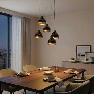 Hanglamp Yildo, 5-lamps, rond, zwart/goud, Ø43 cm zwart, goud