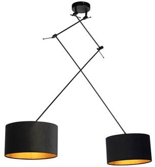 Hanglamp zwart met velours kappen zwart met goud 35 cm 2-lichts