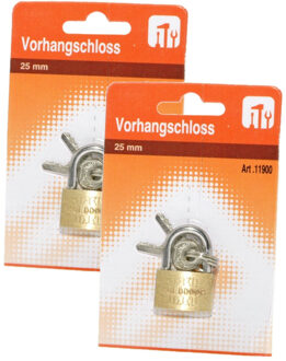 Hangslot met 3 sleutels - 2x - 25 mm - messing - kofferslot