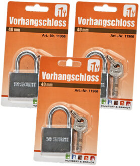 Hangslot met 3 sleutels - 3x - 40 mm - messing - kofferslot