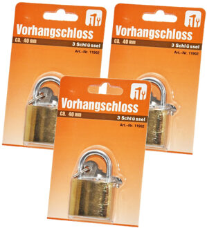 Hangslot met 3 sleutels - 3x - 40 mm - messing - kofferslot