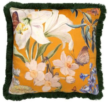 HANNA - Kussenhoes 45x45 cm - bloemen - vlinders - franjes - Golden Glow - geel