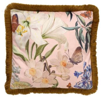 HANNA - Sierkussen 45x45 cm - bloemen - vlinders - franjes - Dusty Pink - roze