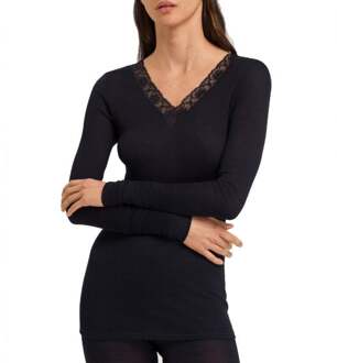 Hanro Dames Wol & Kant Top l. mouw zwart 070974 - 42-44)