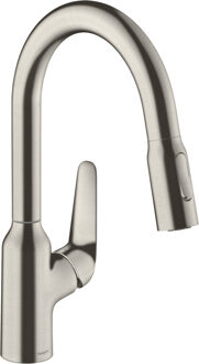 hansgrohe Focus M42 ééngreeps keukenmengkraan 180 met uittrekbare vuistdouche, 2 straalsoorten, rvs look Stainless Steel Optic