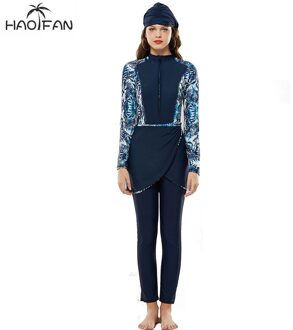 Haofan Moslim Plant Gedrukt Badpak Bujiney Islamitische Badpak Bikini Strand 4 Stuk Set Moslim Badpak blauw / M