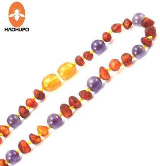 HAOHUPO Unpolished Amber Baby Teething Bracelet / Necklace with Natural Amethyst Stone Irregular Amber Jewelry for Women Child