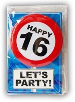 Happy Age Kaart Button - 16 Jaar Rood - Zalm