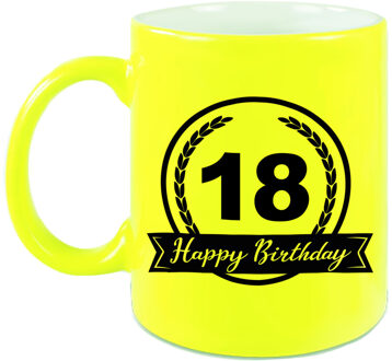 Happy Birthday 18 years met wimpel cadeau mok / beker neon geel 330 ml - verjaardagscadeau - feest mokken