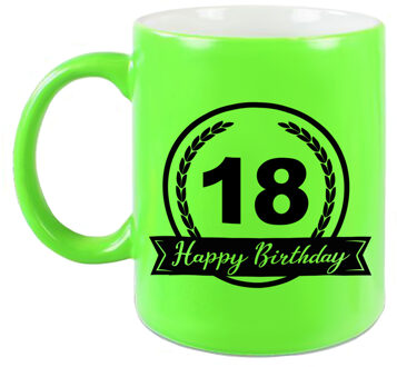 Happy Birthday 18 years met wimpel cadeau mok / beker neon groen 330 ml - verjaardagscadeau - feest mokken