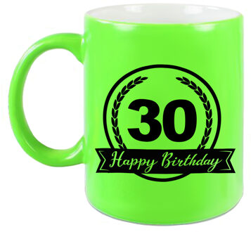 Happy Birthday 30 years met wimpel cadeau mok / beker neon groen 330 ml - verjaardagscadeau - feest mokken