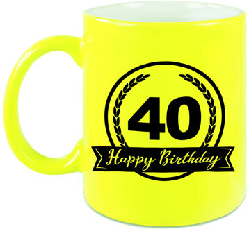 Happy Birthday 40 years met wimpel cadeau mok / beker neon geel 330 ml - verjaardagscadeau - feest mokken