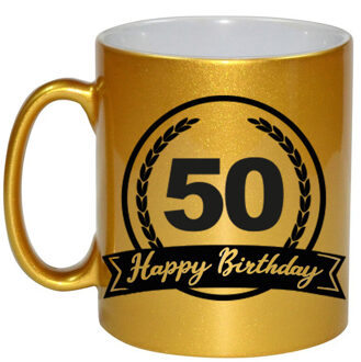 Happy Birthday 50 years met wimpel cadeau koffiemok / theebeker goud 330 ml - Abraham / Sarah - feest mokken Goudkleurig