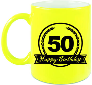 Happy Birthday 50 years met wimpel cadeau mok / beker neon geel 330 ml - Abraham / Sarah - feest mokken