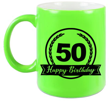 Happy Birthday 50 years met wimpel cadeau mok / beker neon groen 330 ml - Abraham / Sarah - feest mokken
