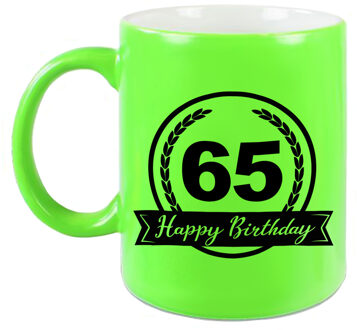 Happy Birthday 65 years met wimpel cadeau mok / beker neon groen 330 ml - feest mokken