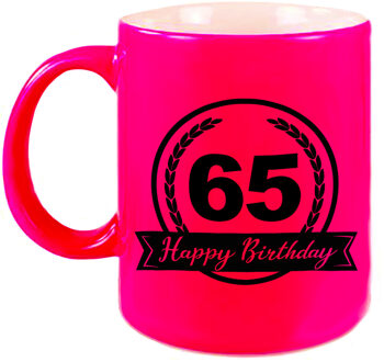 Happy Birthday 65 years met wimpel cadeau mok / beker neon roze 330 ml - feest mokken