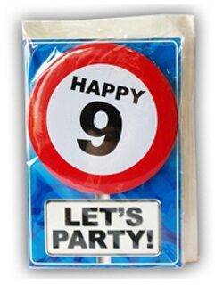 Happy Birthday kaart met button 9 jaar Multikleur
