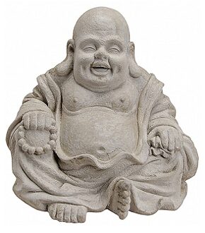 Happy boeddha beeldje - kunststeen - lichtgrijs - 32 x 35 cm - binnen/buiten