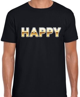 Happy fun tekst t-shirt zwart met goud voor heren L