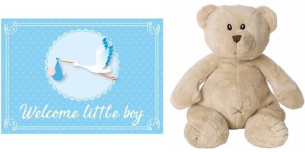 Happy Horse bruine beren knuffels + geboortekaartje Welcome little boy ooievaar blauw