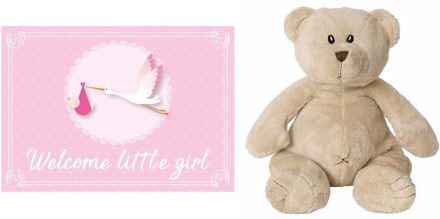 Happy Horse bruine beren knuffels + geboortekaartje Welcome little girl ooievaar roze