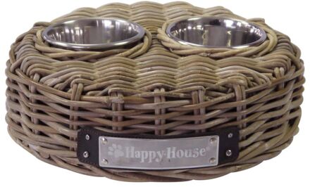 Happy-House Voerbak - RVS - Riet - Rond - Ø 35x17 cm - Beige/Bruin