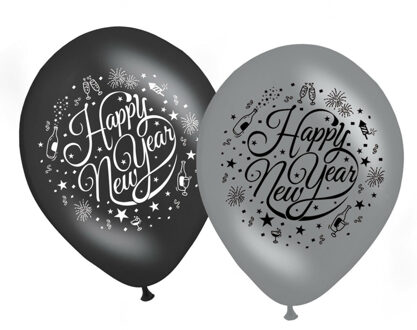 Happy New Year ballonnen - 8x - zwart/zilver - Oud en Nieuw versiering