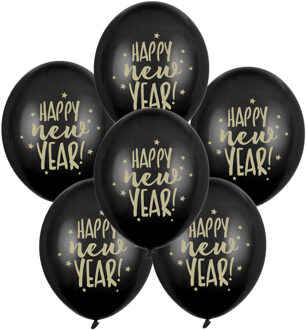Happy New Year ballonnen - zwart/goud - 18x stuks - sterren - nieuwjaar thema
