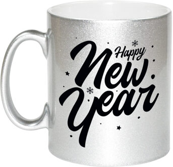 Happy new year cadeau zilveren mok 330 ml - Bekers Zilverkleurig