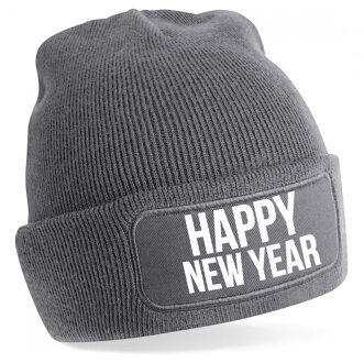 Happy New Year muts unisex - one size - grijs - apres-ski muts One size