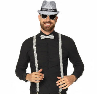 Happy new year verkleed set - happy new year hoedje/bretels/bril/vlinderstrik - zilver - volwassenen