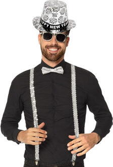Happy new year verkleed set - happy new year hoedje/bretels/bril/vlinderstrik - zilver - volwassenen
