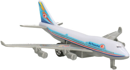 Happy People Blauw/wit speelgoed vliegtuig met pull-back functie 14 cm