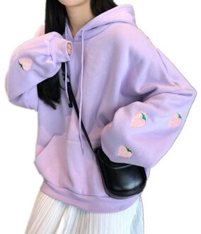 Harajuku Aardbei Borduurwerk Lavendel Roze Sweatshirt Herfst Winter Vrouwen Kawaii Loose Lange Mouwen Tops Oversized Hoodies Xxl