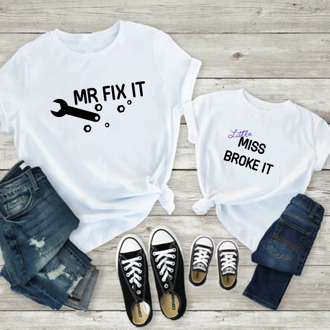 Harajuku MR FIX IT LITTLE MISS BROKE IT Family Look Casual Daddy and Daughter Clothes Streetwear T-shirt Funny Baby Boy Clothes