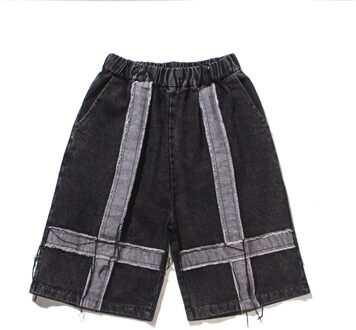 Harajuku Retro Cross Spliced Verontruste Shorts Voor Mannen Elastische Taille Rechte Oversize Casual Zomer Jeans Korte aziatisch XL
