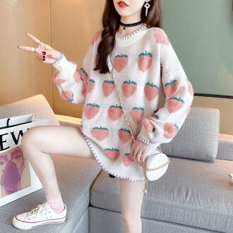 Harajuku Winter Perzik Hart Trui Vrouwen Losse Herfst Koreaanse Oversized Trui Aardbei Jurk S / roze