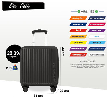 Harde koffer 44 x 22 x 38 cm Zwarte TSA-veilige bagagekoffer Geschikt voor Easyjet, Ryanair - One Size