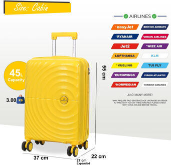 Harde koffer 55 x 37 x 22 cm PP koffer Bagage Geschikt voor Easyjet, Ryanair Geel