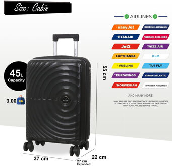 Harde koffer 55 x 37 x 22 cm PP koffer Bagage Geschikt voor Easyjet, Ryanair Zwart