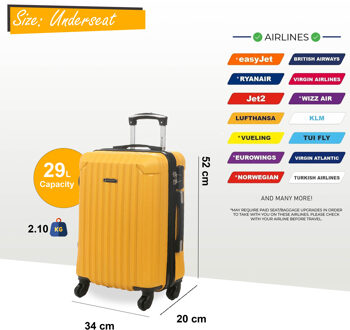 Harde koffer met 8 wielen, geel ABS, geschikt voor handbagage