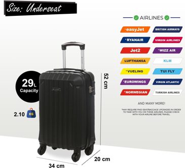 Harde koffer met zwarte ABS-behuizing en 8 wielen voor onder de stoel