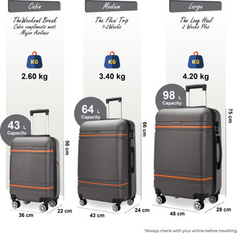 Hardshell Charcoal Black Cabine Kofferset Robuuste ABS Lichtgewicht Bagage Vakantietas Zwart