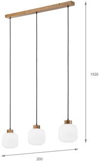 Harmony hanglamp, lengte 110 cm, opaalglas eikenhout 3-lamps. opaalwit, eik