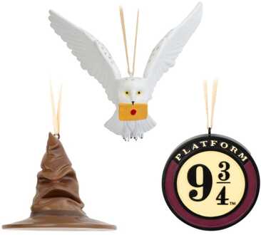 Harry Potter Set of 3 Christmas Ornaments Sorting Hat, Platform 9 3/4 and Hedwig 7 cm